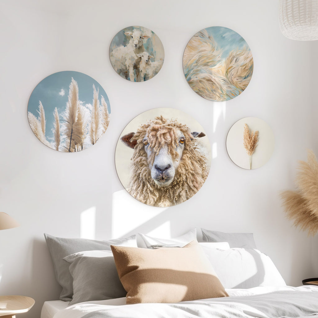 Close-up van de 'Sheep and Pampas' muurcirkel set van Wallingo in een slaapkamer met pasteltinten.